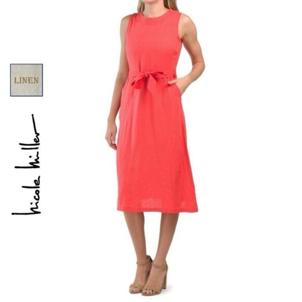 Nicole Miller 100% Linen Vibrant Coral Midi Dress